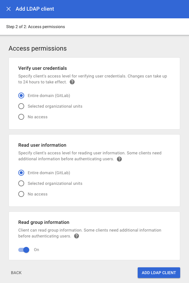 Google Workspace window with access permissions for adding LDAP client.