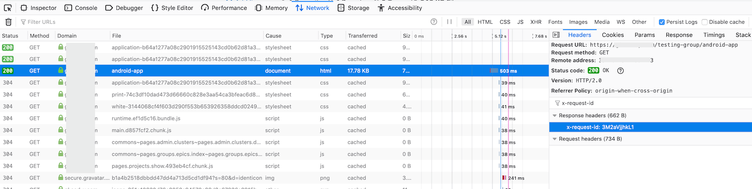 Example correlation ID in Headers section of network request details for HTML document