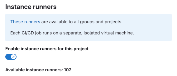 A project's runner settings shows a message about instance runner guidelines.