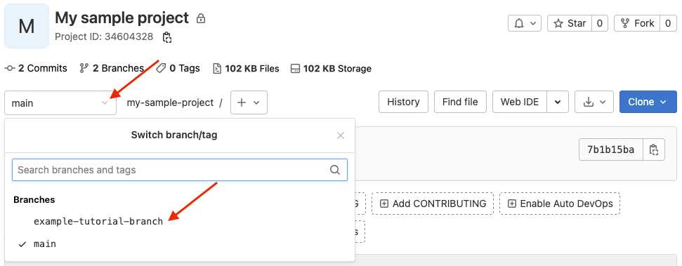 In the upper-left corner of page, red arrows indicate the branch switching area and highlight the branch you created